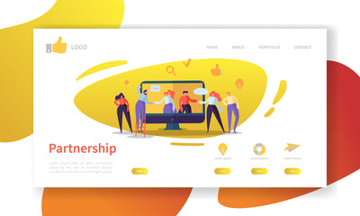 Business Partnership Landing Page Template. Website Layout with Flat People Characters Cooperation. Easy to Edit and Customize Mobile Web Site. Vector illustration