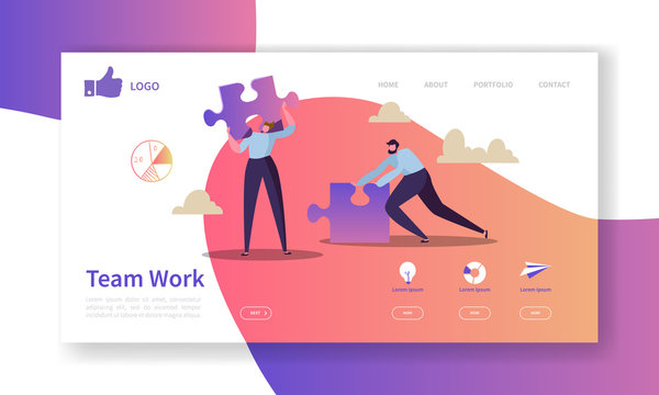 Team Work Landing Page Template. Website Layout With Flat People Characters With Puzzle. Easy To Edit And Customize Mobile Web Site. Vector Illustration