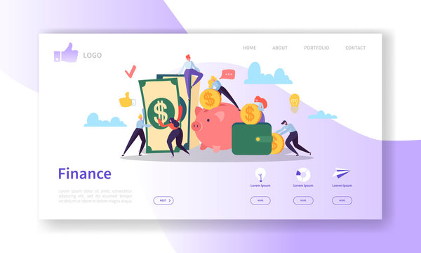 Business and Finance Landing Page Template.  Website Layout with Flat People Characters Making Money. Easy to Edit and Customize Mobile Web Site. Vector illustration