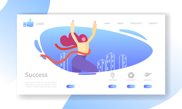 Business Success Landing Page Template. Website Layout with Flat Woman Character Crossing Finish Line. Leadership Concept. Easy to Edit and Customize Mobile Web Site. Vector illustration