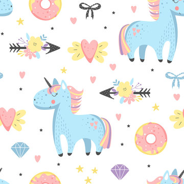 Magic kids seamless background with unicorns