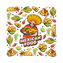 Mexican food. Cute Mexican holding a tray of Mexican food. A set of popular Mexican dishes. Vector illustration.