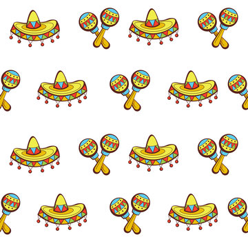 Seamless pattern on white background. Mexican hat and marocas..