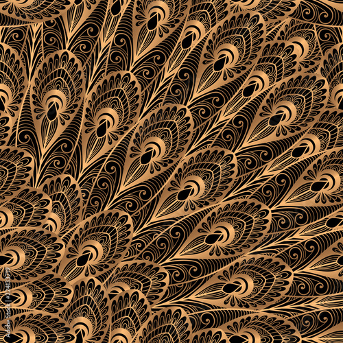 "Luxury background vector. Gold black peacock feathers royal pattern