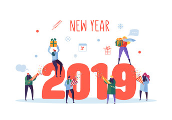Happy New Year 2019 Greeting Card. Flat People Characters Celebrating Party with Gift Boxes and Confetti. Vector illustration