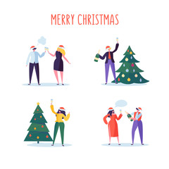 Business People Celebrating New Year 2019 Party. Flat Characters in Santa Hat Toasting Champagne. Christmas Eve with Cartoons, Tree and Confetti. Vector illustration