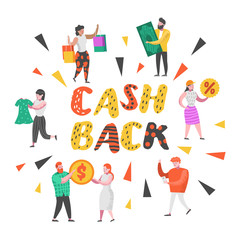Cash Back and Money Refund Concept. Flat People Characters on Shopping with Bags and Money. Sale, Big Discount, Promotion. Vector illustration