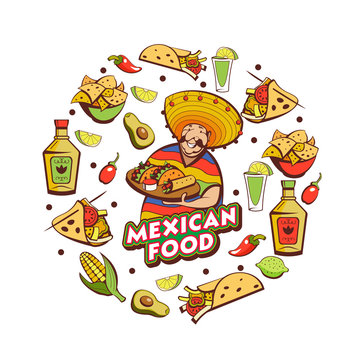 Mexican food. Cute Mexican holding a tray of Mexican food. A set of popular Mexican dishes. Vector illustration.