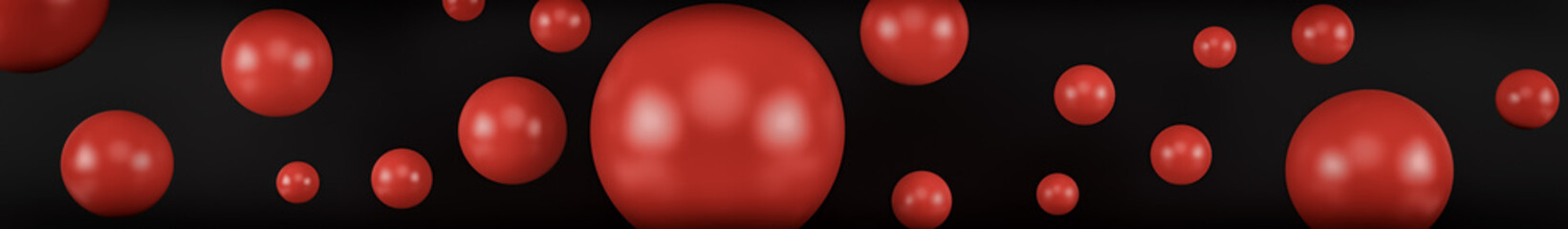 Closeup top view group of assorted industrial ceramic red balls on black background. 3d render