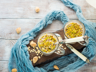 Overnight oat quinoa porridge with coconut milk and banana