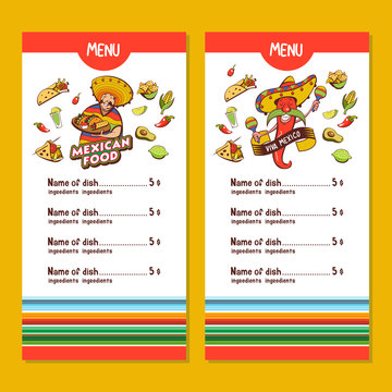 Mexican food. The layout of the menu of the Mexican restaurant. Vector illustration.