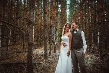 bride and groom in the forest of firs