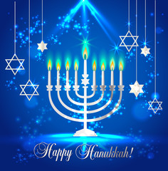 Happy Hanukkah Shining Background with Menorah, David Star and Bokeh Effect. Vector illustration on blue.