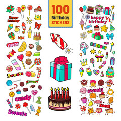 Happy Birthday Stickers Collection. Childish Party Decoration Set with Balloons, Gifts and Sweets. Vector illustration