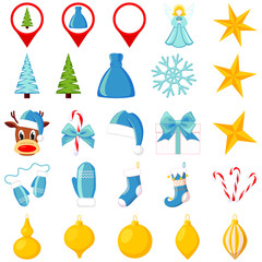 25 blue and yellow cartoon christmas elements.