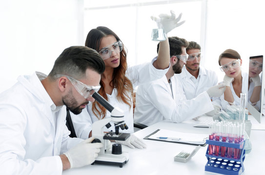 Scientists examining attentively pipette with blue fluid in laboratory