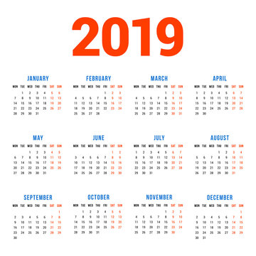 Calendar for 2019 year on white background. Week starts on Monday. 4 columns, 3 rows. Simple calendar vector design element for your poster, flyer, planner, card. Stationery design template