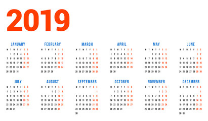 Calendar for 2019 year on white background. Week starts on Monday. 6 columns, 2 rows. Simple calendar vector design element for your poster, flyer, planner, card. Stationery design template
