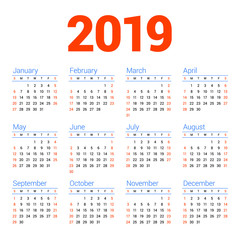Calendar for 2019 year on white background. Week starts on Sunday. 4 columns, 3 rows. Simple calendar vector design element for your poster, flyer, planner, card. Stationery design template