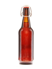 Brown Beer Bottle with cork on a white background with Copy space