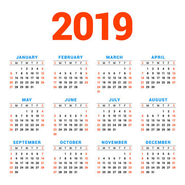 Calendar for 2019 year on white background. Week starts on Sunday. 4 columns, 3 rows. Simple calendar vector design element for your poster, flyer, planner, card. Stationery design template