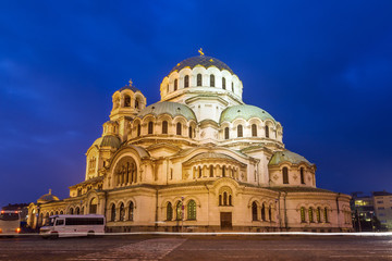 Fototapeta na wymiar Beautiful view of the Bulgarian Orthodox St. Alexander Nevsky Cathedral in Sofia, in the blue hour at night