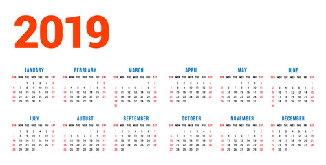 Calendar for 2019 year on white background. Week starts on Sunday. 6 columns, 2 rows. Simple calendar vector design element for your poster, flyer, planner, card. Stationery design template