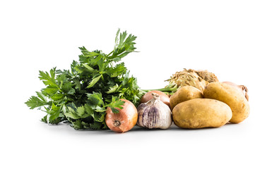 Ripe potatoes from celery leaves onion and garlic.