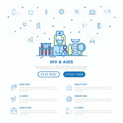 HIV and AIDs concept: doctor with blood test. Thin line icons: safe sex, blood transfusion, antiviral drugs, physical examination, ribbon. Vector illustration, web page template.