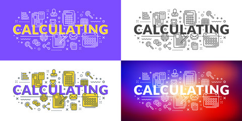 Calculating. Flat line illustration concept for web banner and printed materials. Vector illustration in 4 different styles