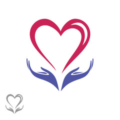 Hands holding the heart. Logo, sign, symbol in blue red colors and flowing lines