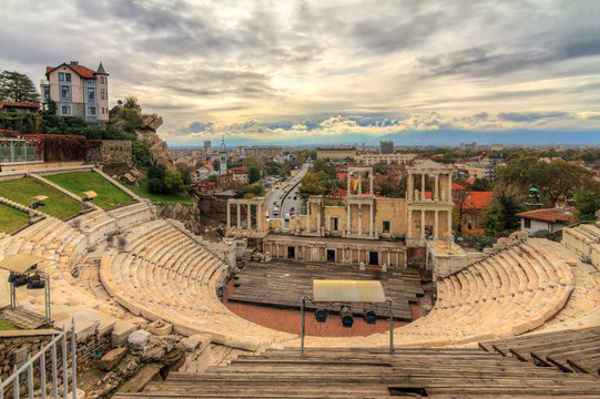 Beautiful cityscape of Plovdiv, Bulgaria, in the medieval part of the city called Old Town, with the ancient Roman theatre