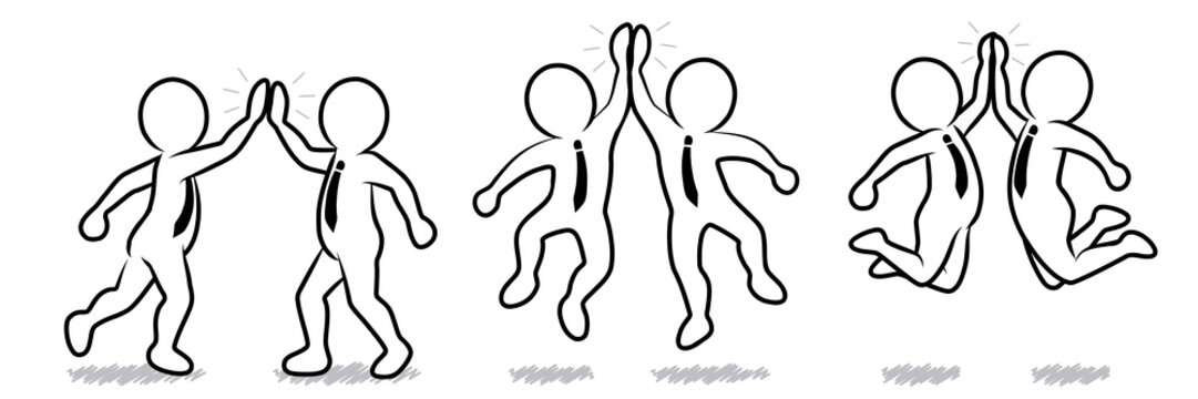 Set: Schwarz-wei&szlig;e Strichm&auml;nnchen beim High-Five &ndash; Vektor-Zeichnung / Konturen