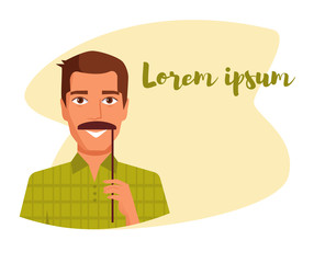 Man holding a fake mustache on a stick Vector. Cartoon. Isolated art