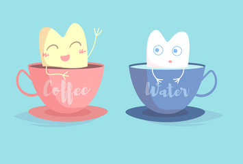 Yellow tooth in Cup of coffee, white tooth in Cup of water Vector. Cartoon.