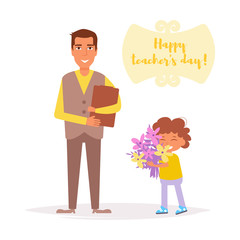 Teacher's day. Student gives teacher flowers Vector. Cartoon. Isolated