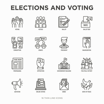 Election And Voting Thin Line Icons Set: Voters, Ballot Box, Inauguration, Corruption, Debate, President, Political Victory, Propaganda, Bribe, Agitation. Modern Vector Illustration.