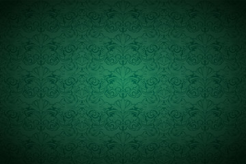 Green vintage background , royal with classic Baroque pattern, Rococo with darkened edges background(card, invitation, banner). horizontal format