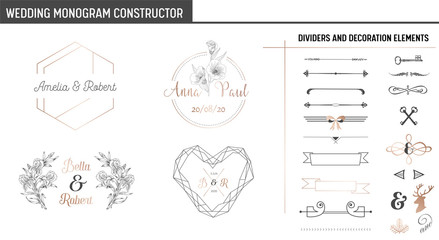 Wedding Monogram Constructor, Modern Minimalistic Collection of templates for Invitation cards, Save the Date, Logo identity in vector