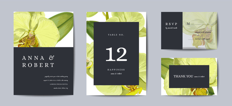 Botanical wedding invitation card Template Design, Orchid flowers in modern, Collection of Save the date, RSVP in vector