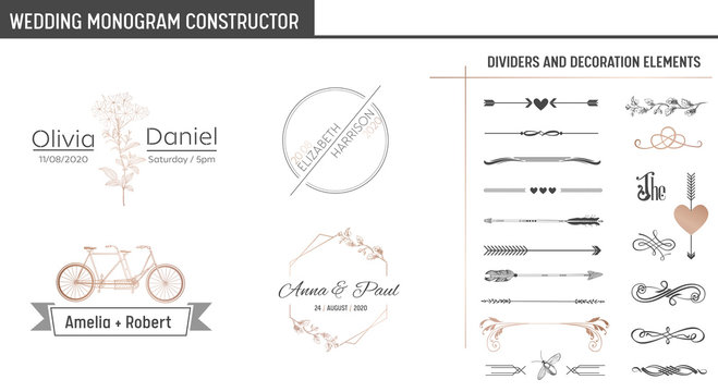 Wedding Monogram Constructor, Modern Minimalistic Collection of templates for Invitation cards, Save the Date, Logo identity in vector