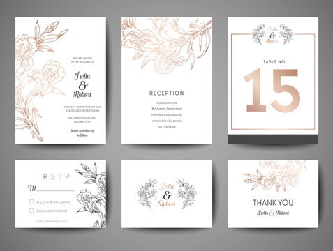 Luxury Wedding Save the Date, Invitation Cards Collection with Gold Foil flowers and Monogram Logo vector design template