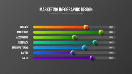 Business infographic presentation vector 3D colorful balls illustration. Corporate marketing analytics report horizontal bar chart design layout. Statistics information graphic visualization template.