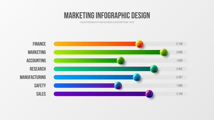 Business infographic presentation vector 3D colorful balls illustration. Corporate marketing analytics report horizontal bar chart design layout. Statistics information graphic visualization template.