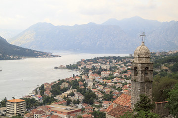 spectacular views from the walking mountain path to Church of Our Lady of Remedy and the Bay of Kotor with the mountains going into the sea behind