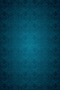 blue vintage background , royal with classic Baroque pattern, Rococo with darkened edges background(card, invitation, banner). vertical format