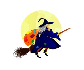 Fototapeta premium Flat illustration of Befana flying on a broom with a bag on her back.