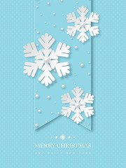 Fototapeta premium Christmas holiday design with paper cut style snowflakes and pearls. Blue dotted background with greeting text. Vector illustration.