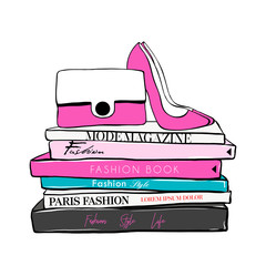 Vector fashion illustration. High heels shoes, bag, fashion magazines books. Hand drawn beautiful concept for girls. Fashionable illustration with stack of books, fashion magazines. Vogue Beauty style