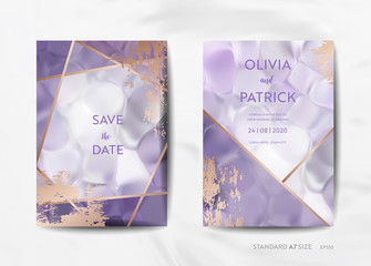 Wedding Invitation Cards Collection. Save the Date, RSVP with trendy violet texture background and gold geometric art deco frame design illustration in vector